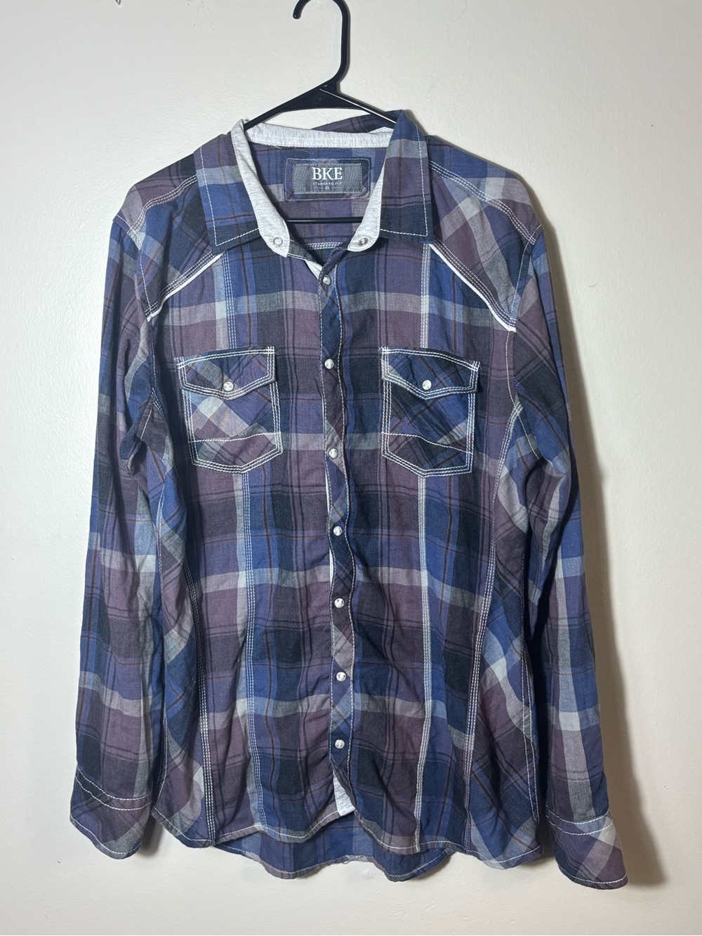 BKE Standard Fit Men’s Blue Purple Plaid Snap Button Size XL